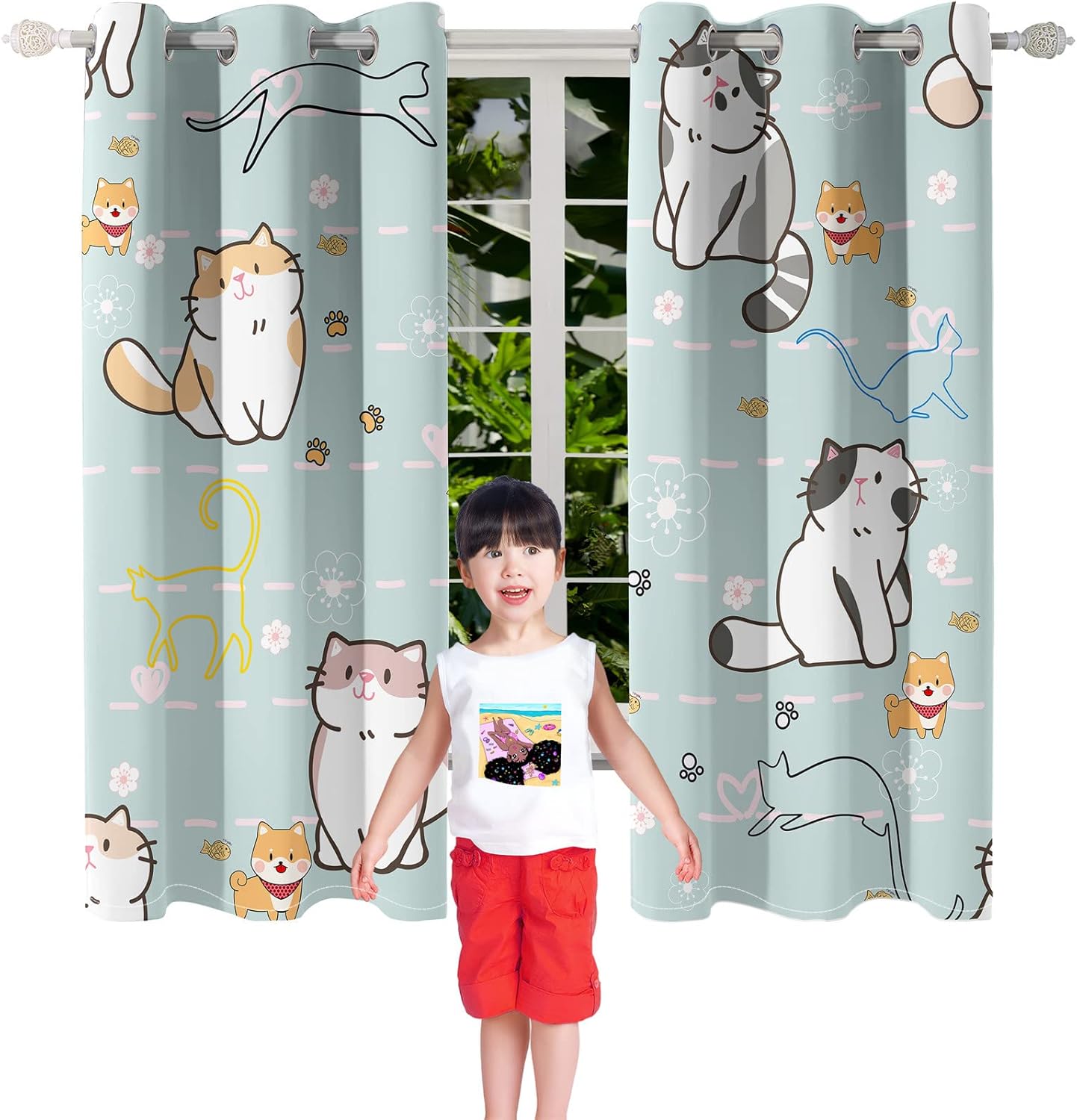 Lovely Cat Blackout Curtains 2 Panels 63" Inch Drapes for Kids Nursery Bedroom Kids Blackout Curtains Animal Themed Grommet Top Thermal Insulated Curtains for Nursery, 82 in x 63 in