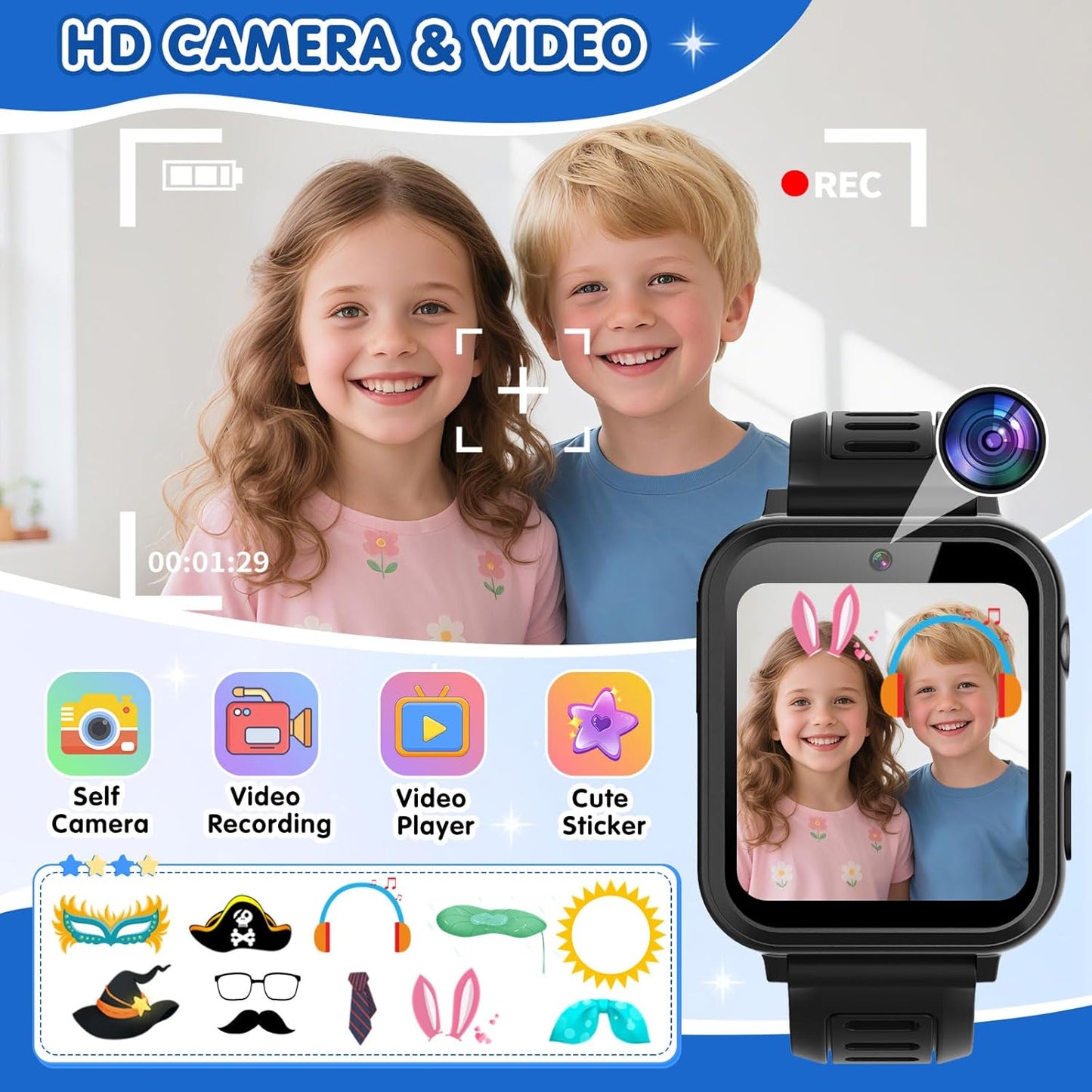 Smart Watch for Kids with 39 Games Touchscreen Camera Video, Music Player, Pedometer, Calculator, Calendar, Stopwatch, Flashlight, Alarm Clock 12/24 hr, Birthday Gifts Toys for Boys Ages 3-12