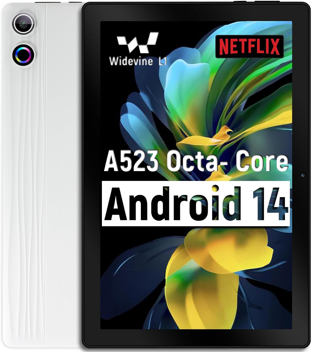Tablet 10 inch Android 14, Octa-Core, 10GB RAM 64GB ROM 1TB Expandable, Widevine L1, 1280x800 IPS Touchscreen, BT 5.4, Dual Camera with Flash (White)