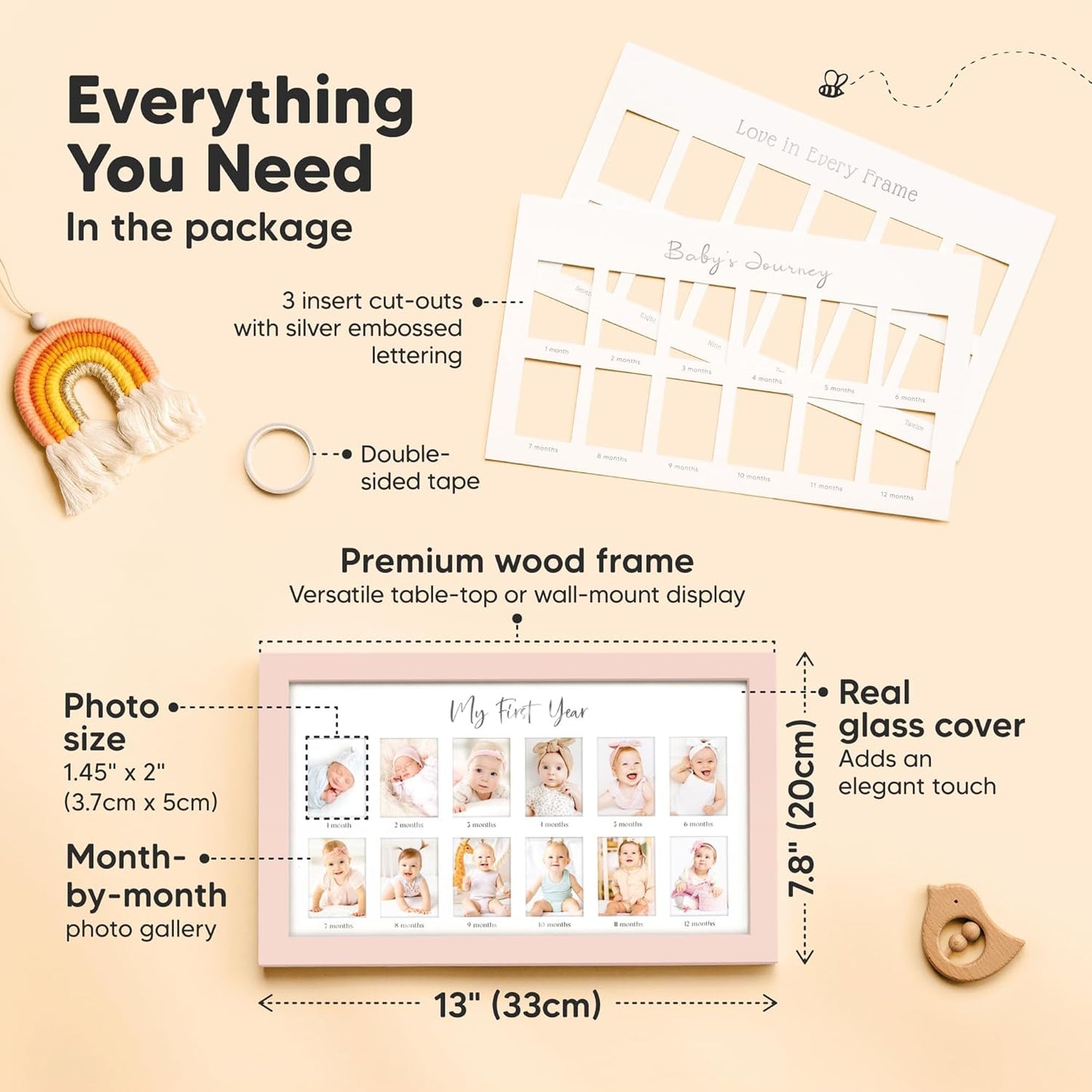 My First Year Photo Frame,12 Months Baby Picture Frame for Newborn Girl, Boy-Baby Shower Gifts Keepsakes,Monthly Baby's One Year Birthday Milestone,1st Nursery Photo Collage Display Board (Petal Pink)