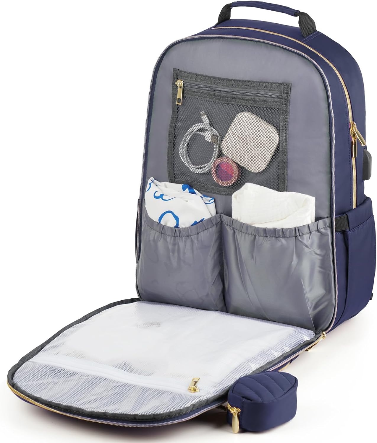 MOMUVO Diaper Bag Backpack, Quilted Baby Bag with Changing Pad & Stroller Straps & Pacifier Case, Large Travel Diaper Bags for Mom Dad, Blue