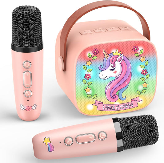 Unicorn Mini Karaoke Machine Toys: Kids Toys Girls Birthday Gifts Age 3-12+ LED Portable Bluetooth Speaker with 2 Wireless Microphone Gift Toy for 4 5 6 7 8 9 Years Old Girl Boy Kid Adult