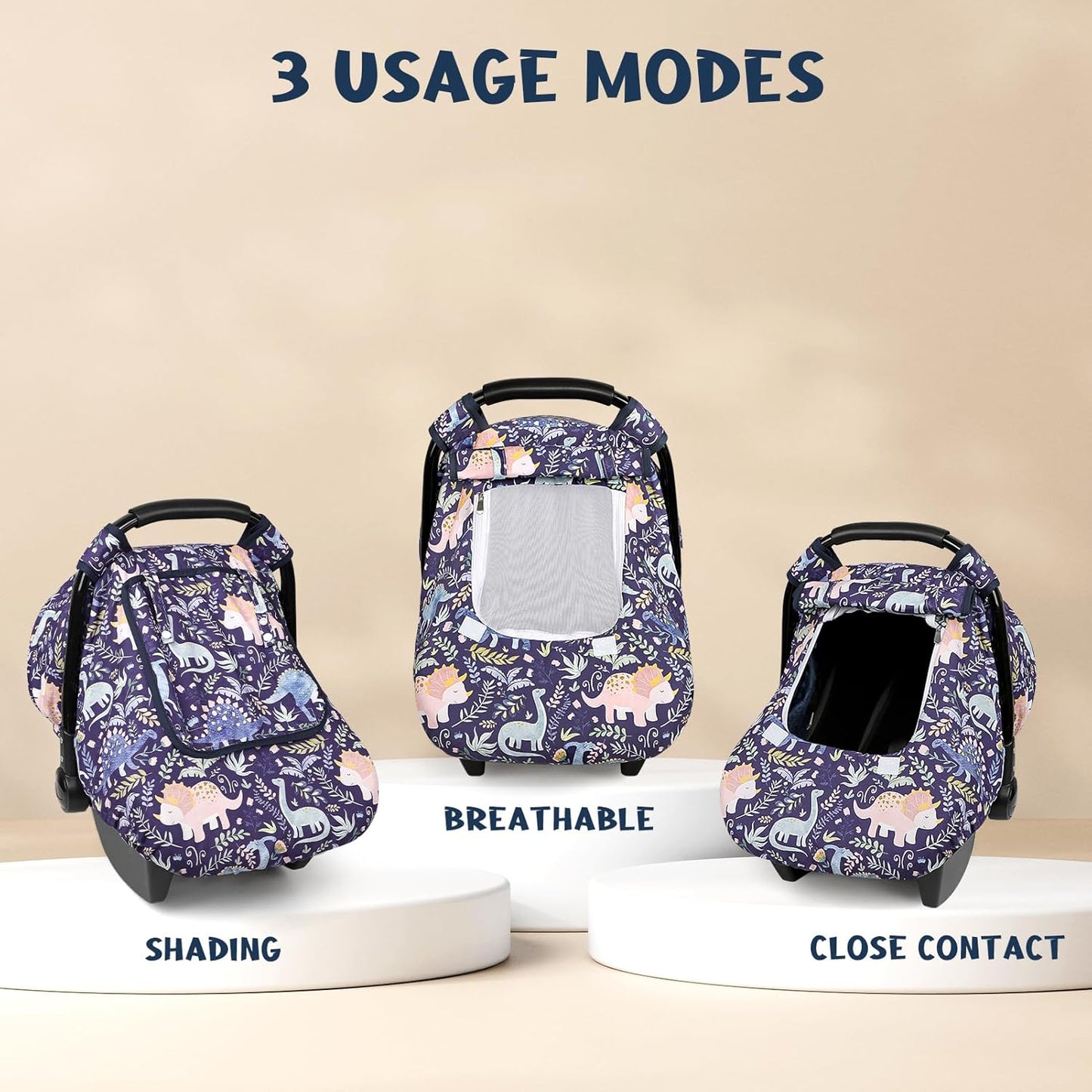 Pea Pod Car Seat Cover Baby, Infant Car Seat Canopy Covers for Newborn with 2 Layers Windows of Breathable Mesh Fabric, Lightweight Polyester/Soft Minky Dot Backing (Dinosaur)