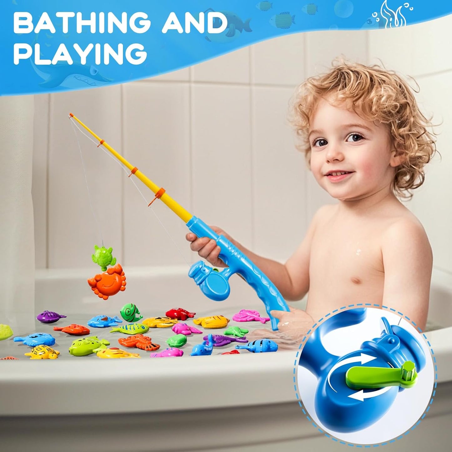 Magnetic Fishing Game Toys for Kids Toddlers 3-5 4-8, Water Table Bathtub Toys with Pole Rod Net Plastic Floating Fish, Water Bath Pool Outdoor Toys for Kids Toddlers Baby Age 3 4 5 6 7 8 Year Old