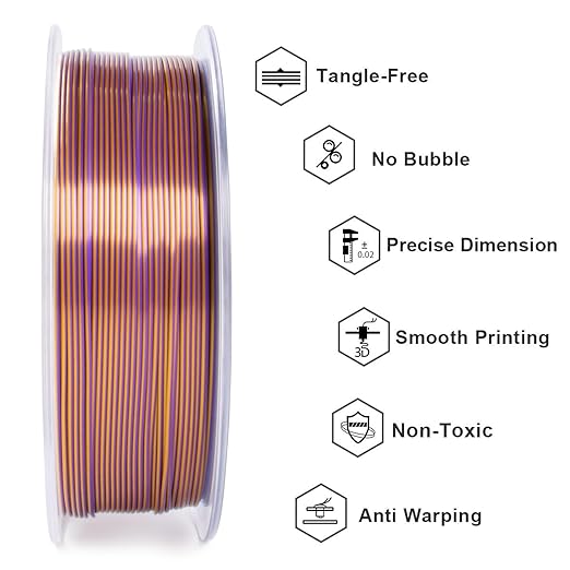 Geeetech Silk PLA Filament 1.75mm Silk Dual Color Filament, Coextrusion Dichromatic Metal-Like Shiny Consumable 1kg (2.2lbs) 1 Spool, Dimensional Accuracy +/- 0.02 mm, Gold Purple