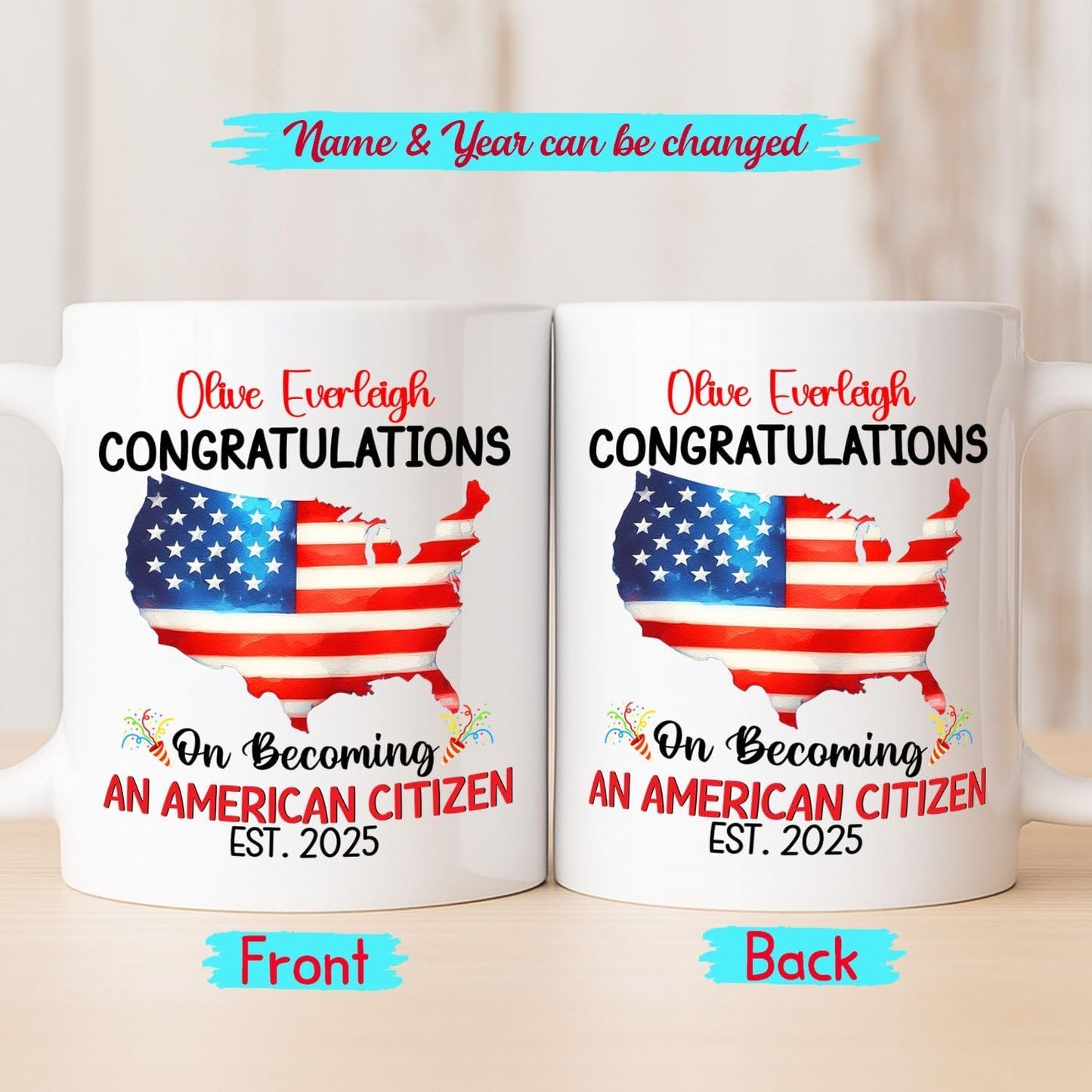 Congratulations On Becoming An American Citizen White Coffee Mug, Personalized Year & Name Eagle Tea Cup Gift For Women Men On Citizenship Celebration, Customized New US Citizen Coffee Cup 11Oz 15Oz