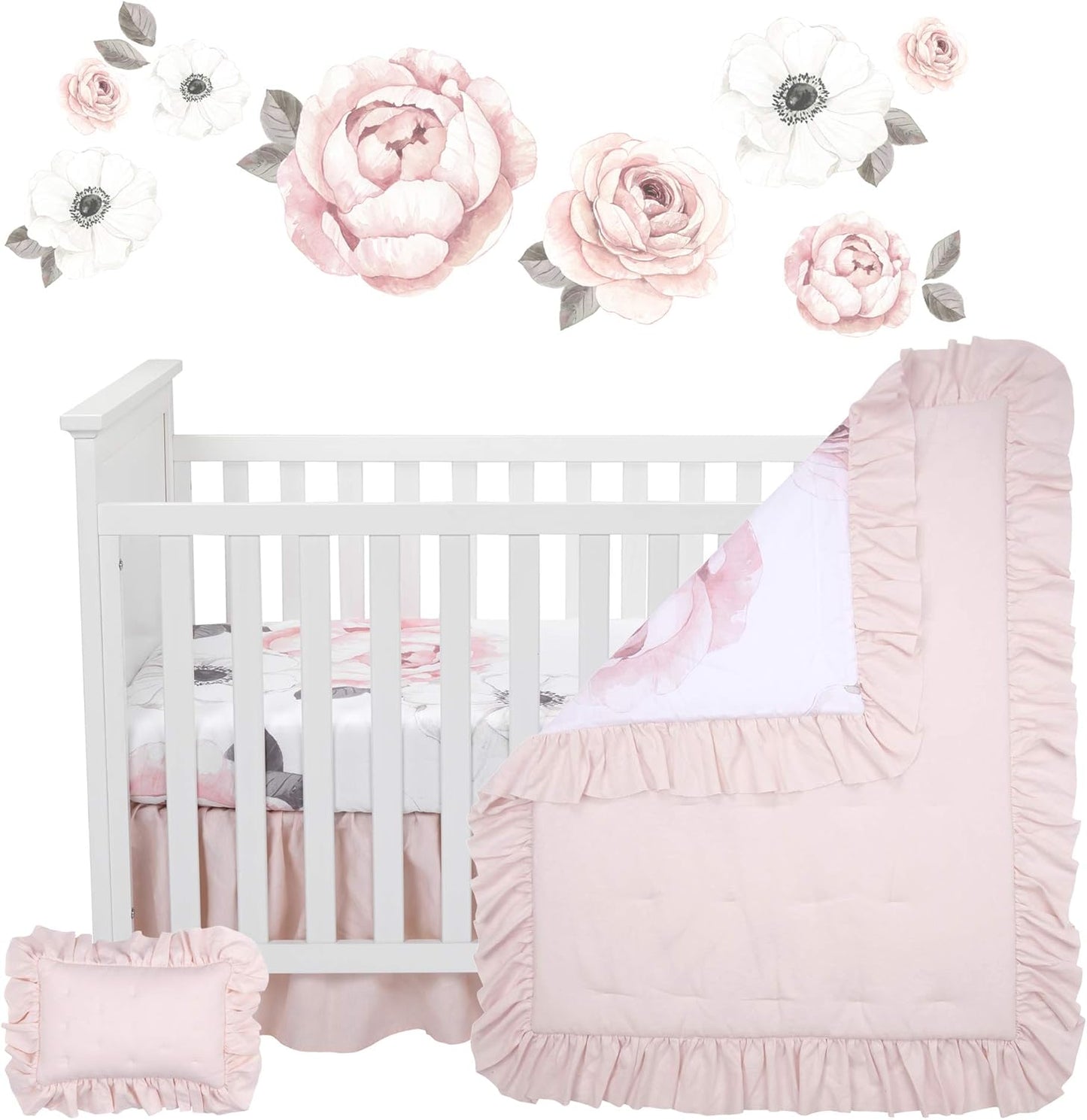 Lambs & Ivy Floral Garden Watercolor/Pink Linen 5-Piece Baby Crib Bedding Set