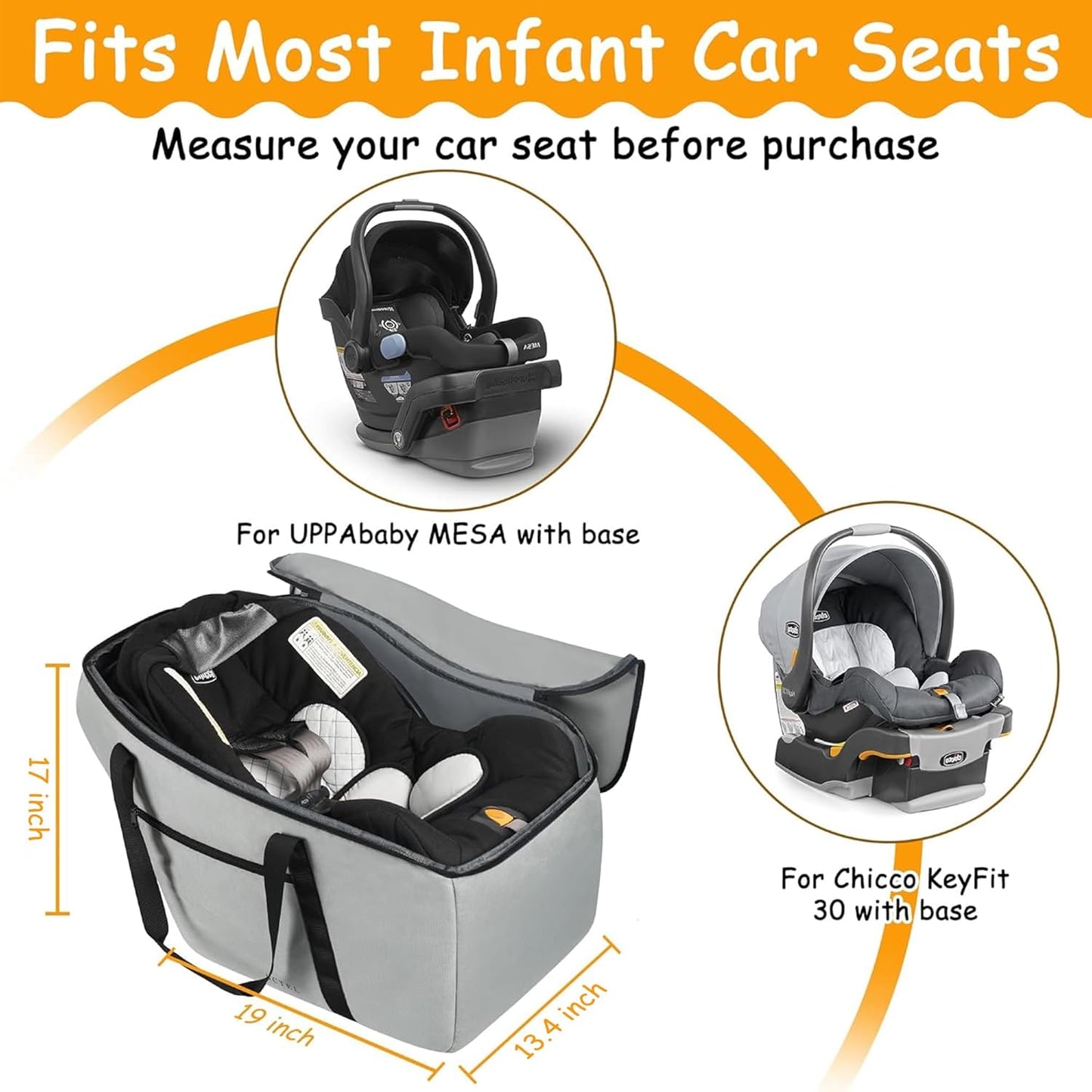 Car Seat Travel Bag Fits Chicco Keyfit 30, Uppababy Mesa, Nuna Pipa Lite, Padded Infant Gate Check Bag for Air Travel, Durable Carrier Bag with Side Pocket and Protective Feet, Extra Storage Bag