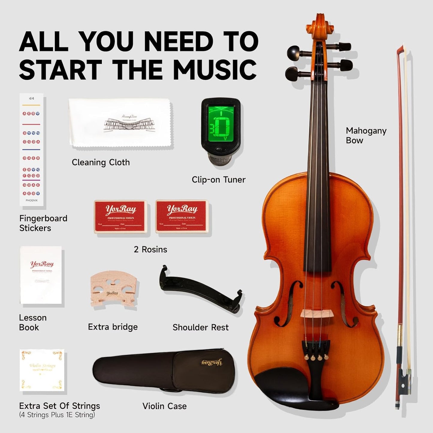 Violin 4/4 Full Size Kit for Adults Beginner, Violin Fiddle Set for Student with Rosewood Bow, Extra Strings&Bridge, 2 rosins, Tuner, Fingerboard Stickers, Shoulder Rest, Case (Solid wood)