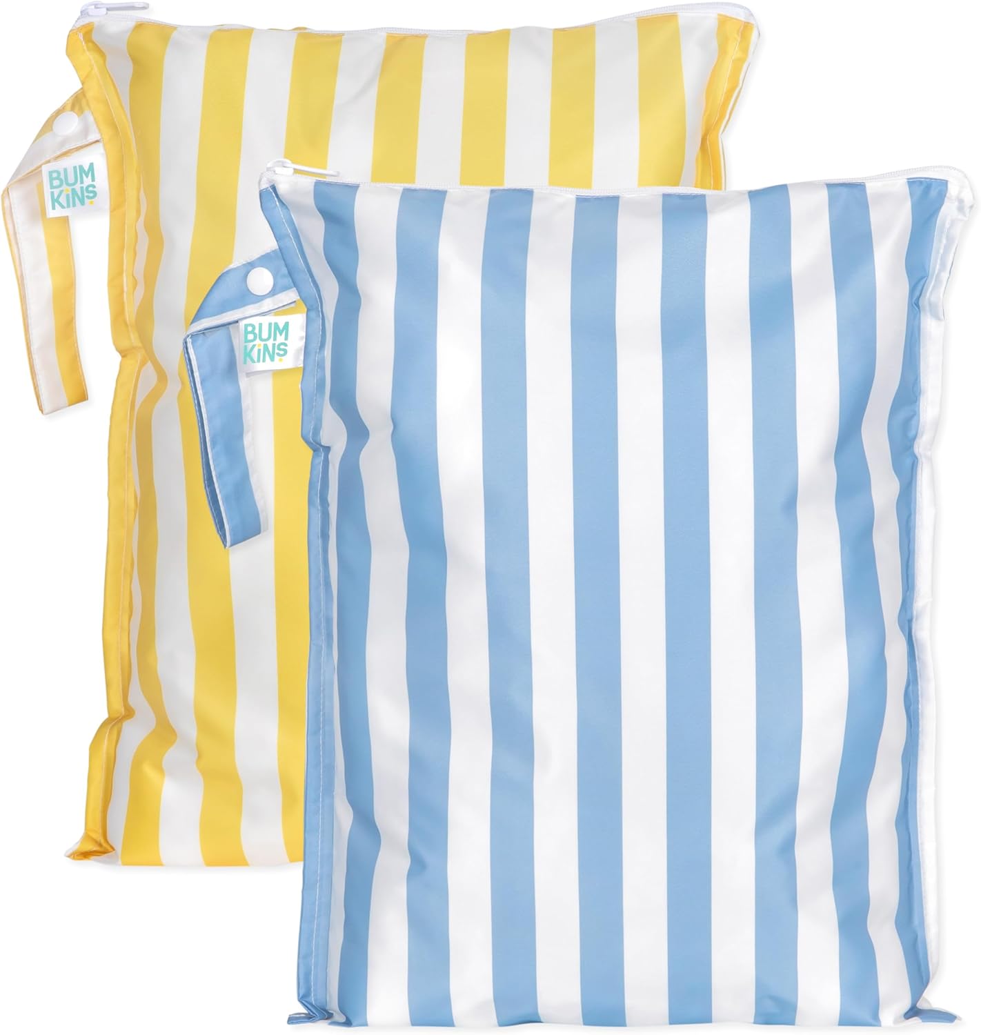 Bumkins - Waterproof Wet Bag - For Baby, Travel, Swim Suit, Cloth Diapers, Pump Parts, Pool, Gym, Toiletry, Strap to Stroller - Reusable & Easy to Clean - 2pk - Yellow & Blue Stripe