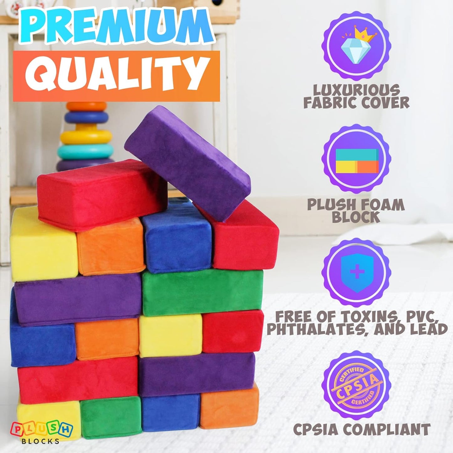 The Original Premium Plush Building Block for Kids - Certified Safe Foam Blocks in Luxuriously Soft Fabric Covers - Set of 24 (Classic Colors)