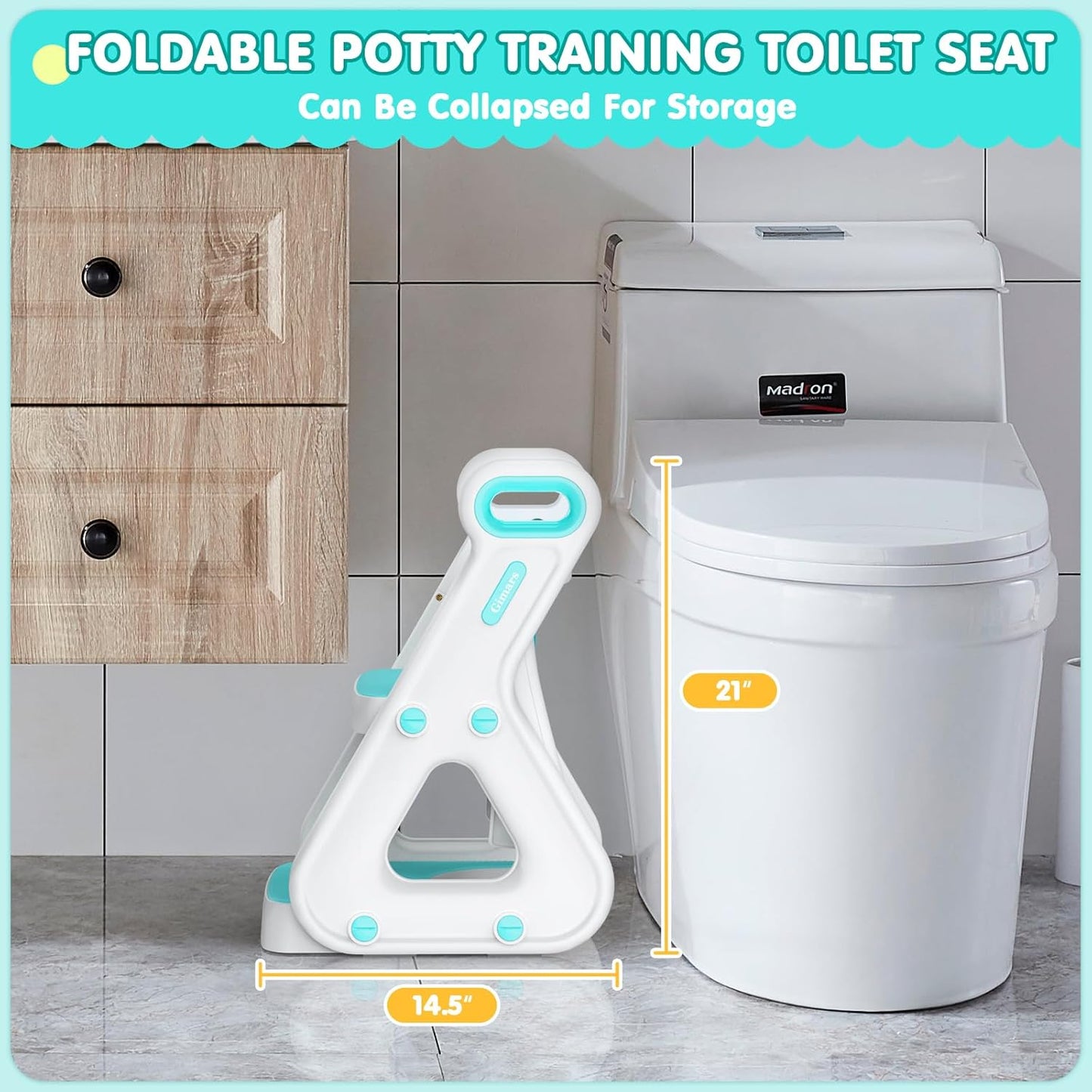 Gimars Upgrade Ultra-Stable 2 In 1 Multifunctional Toddler Potty Seat For Toilet with Setp Stool, Potty Traning Toilet For Boys Girls With Widened Ladder,Comfortable Safe Potty Seat With Handrail,Aqua