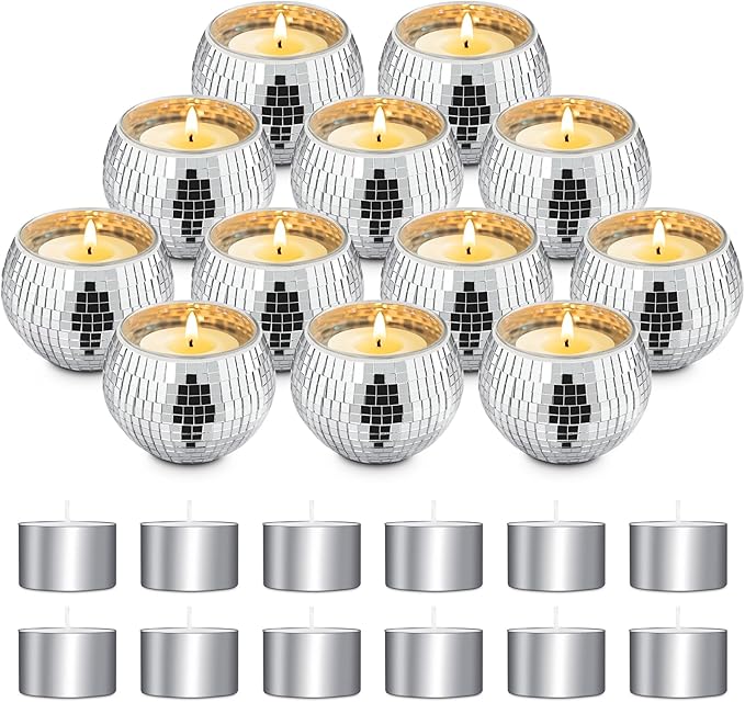 Luditek Disco Ball Candle Holders, 12 Pcs Mirror Silver Decor for Christmas Birthday Wedding NYE Party Decorations, Glass Votive with Tealights for Home Table Centerpiece, Gifts for Women