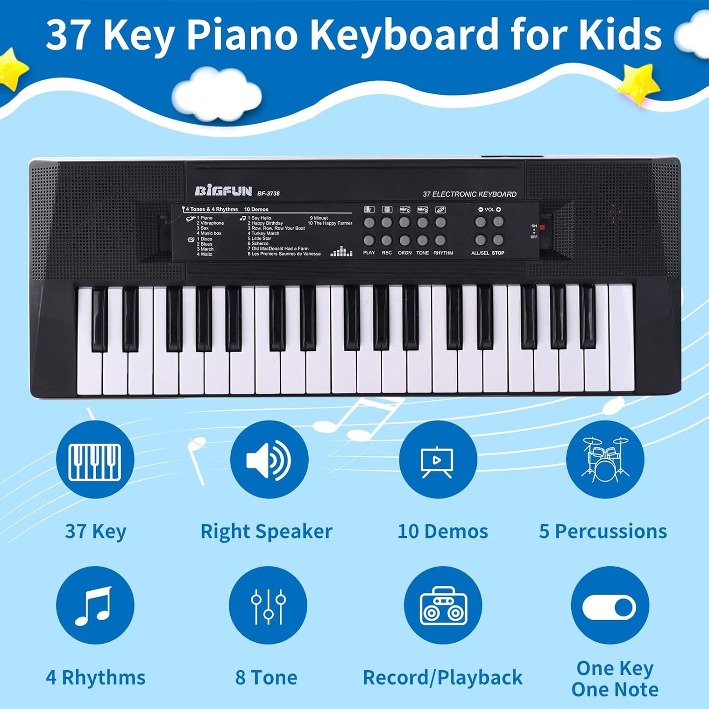 Kids Piano Keyboard, 37 Keys Portable Music Keyboard Early Learning Educational Electronic Music Piano Instrument Toys for 3 4 5 6 Year Old Boys and Girls (Black)
