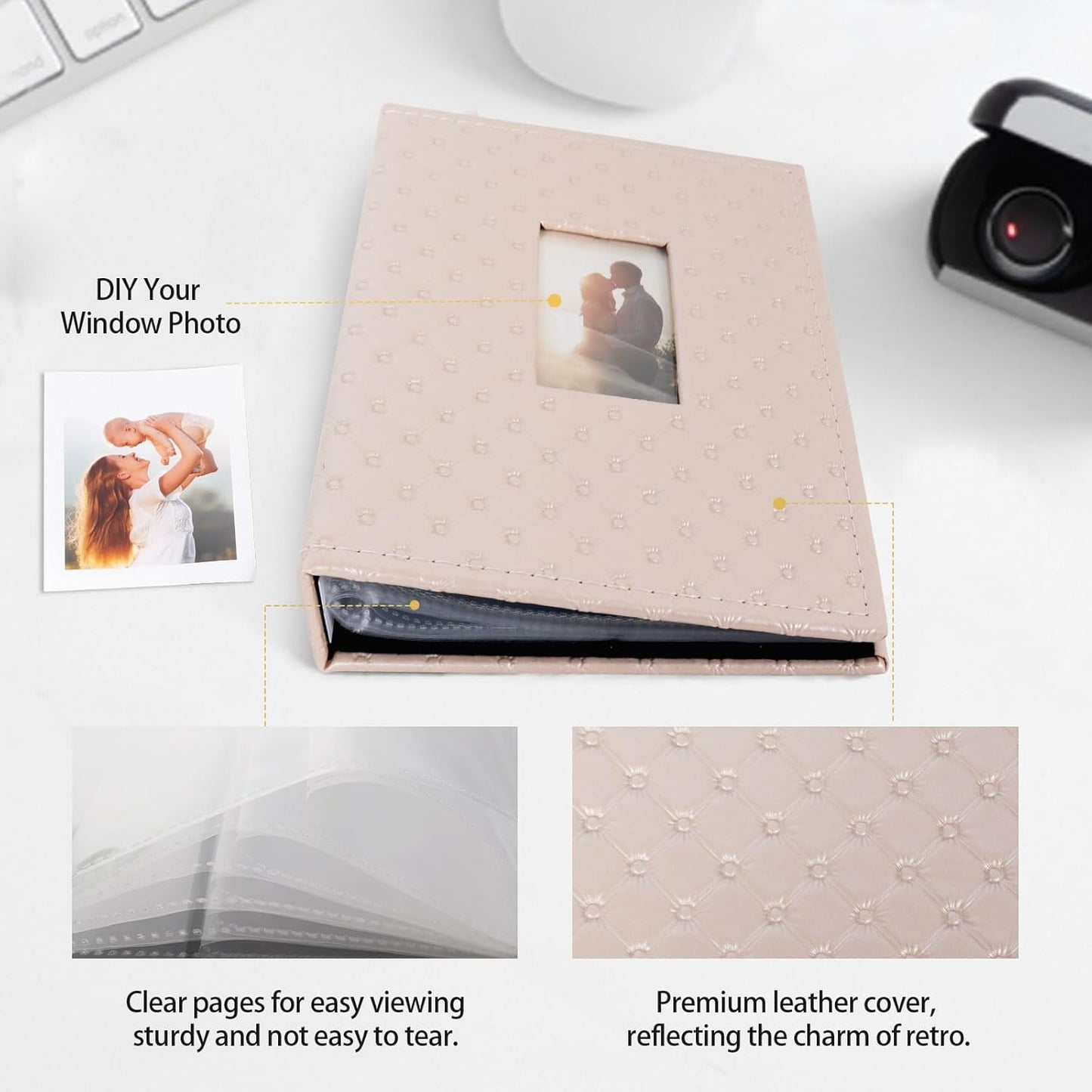 RECUTMS Polaroid Photo Album 208 Photos for Fujifilm Instax Mini Camera, 2x3 Inch Photo Album, Leather Cover with Window, for Instax Mini 12 11 9 40 90 8 7 Evo LiPlay Instant Camera (Champagne)