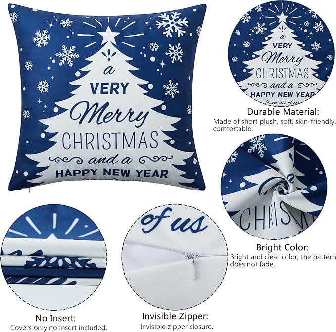 Christmas Pillow Covers 20X20 Set of 4 Navy Blue white Christmas Decorations Merry Christmas Snowflake Throw Pillow Covers Deer Xmas Tree Decor