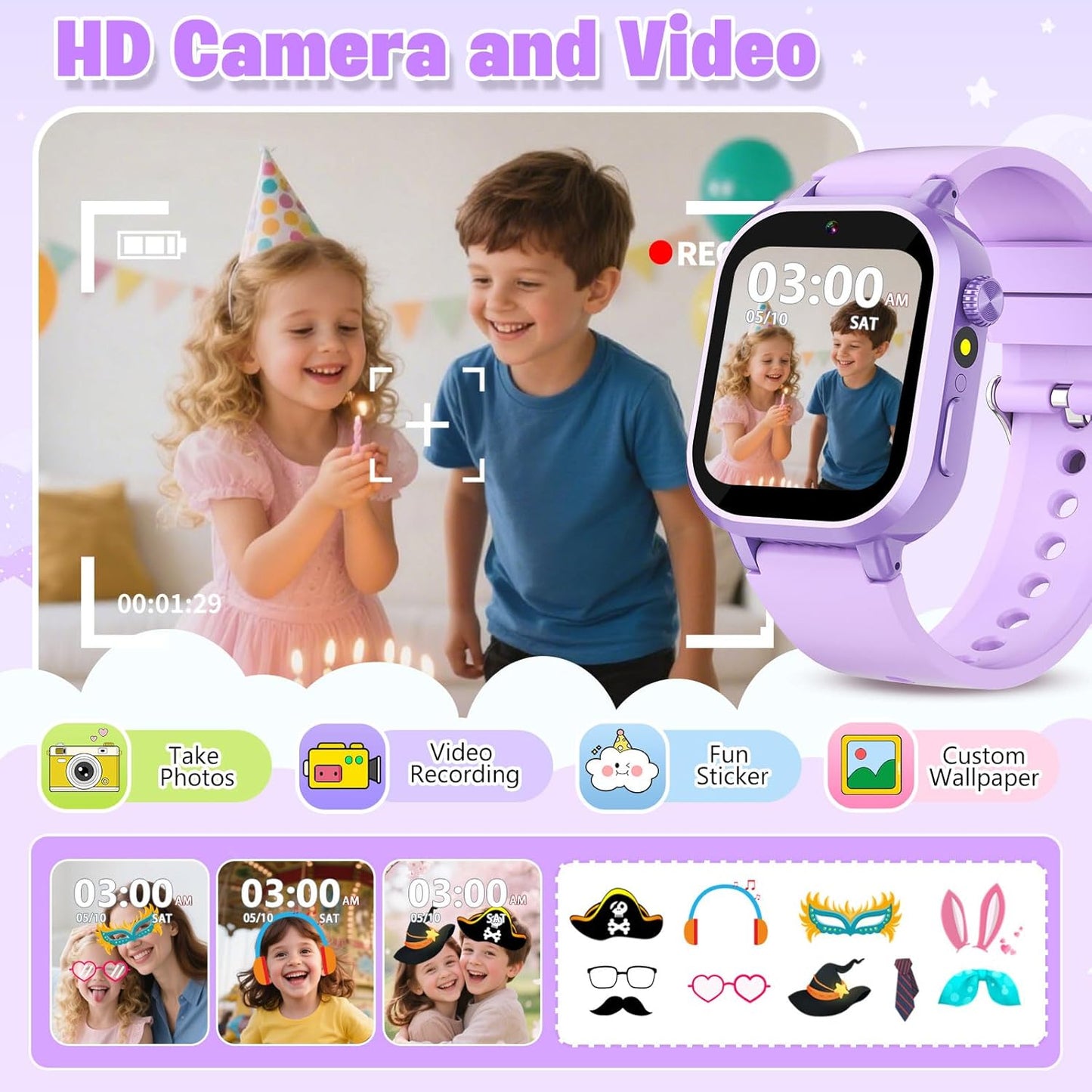 Kids Waterproof Smart Watch Girls Gift Age 3-12 with 39 Game HD Touch Screen Music Player Video Camera Pedometer Alarm Clock Toys Birthday Gifts for 6 7 8 9 Year Olds Purple
