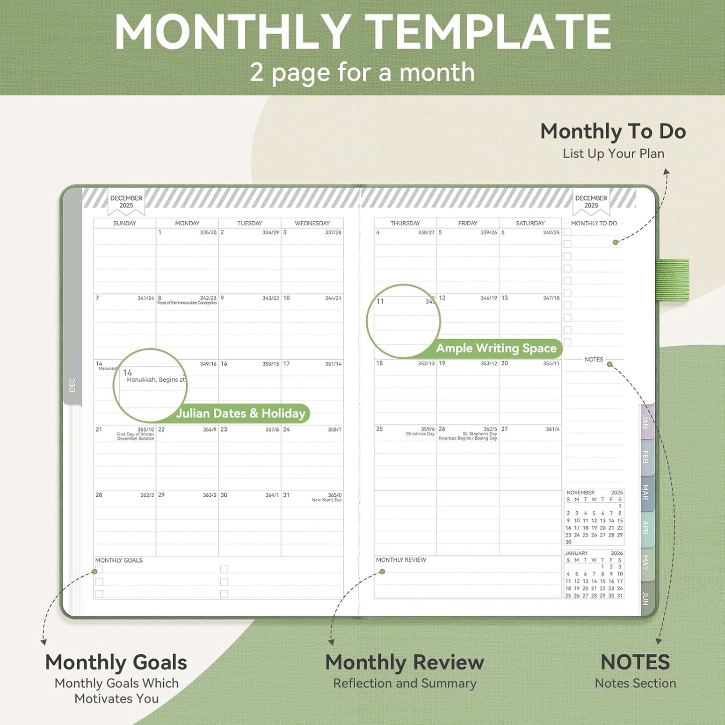 Getink 2025-2026 Linen cover Planner Weekly & Monthly Daily Agenda Book,2025-2026 To Do List Notebook with Colorful Monthly Tabs, Inner Pocket, Elastic Closure (Green,5.5 * 8.5)
