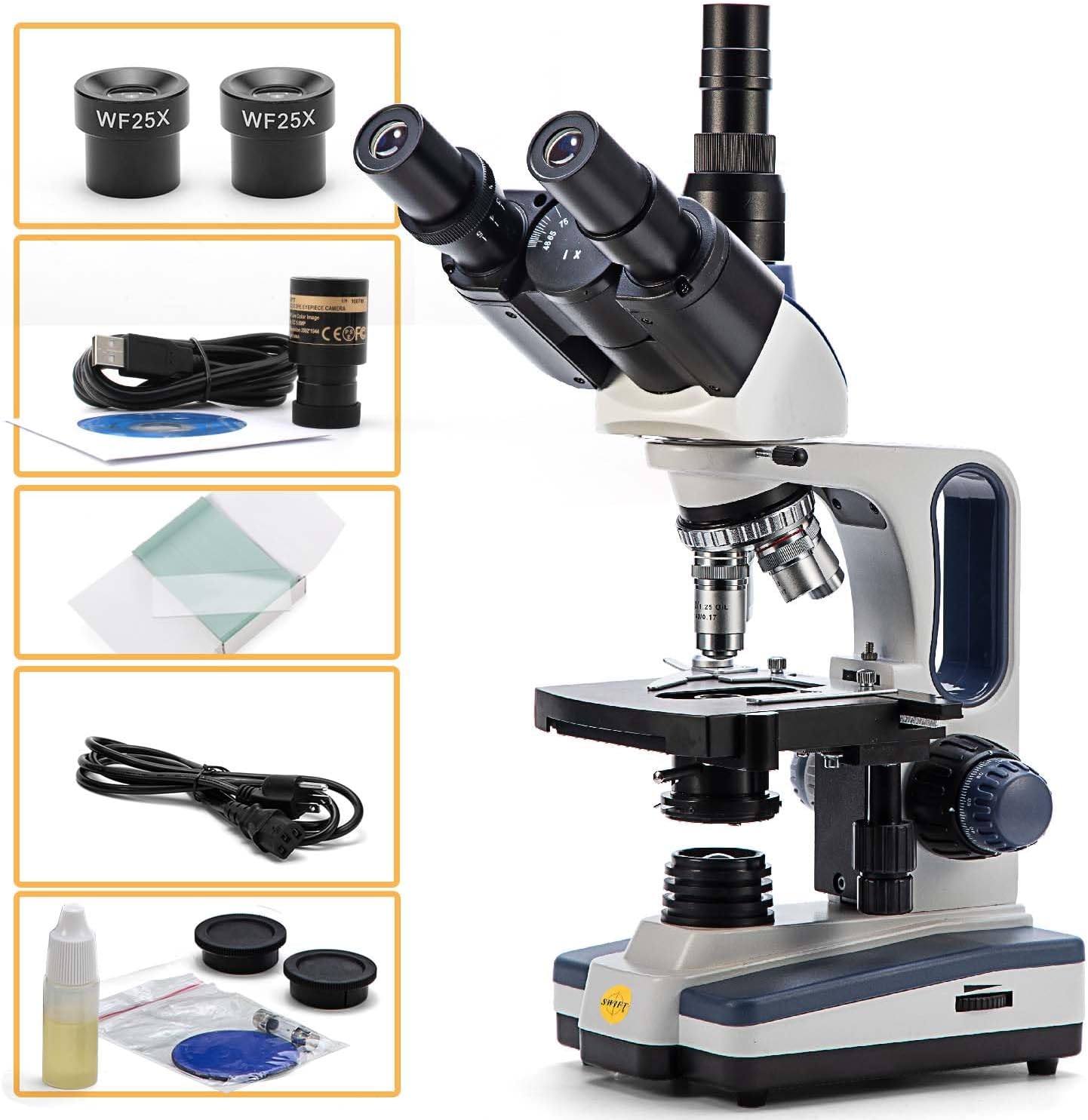 SWIFT Trinocular Compound Microscope SW350T,40X-2500X Magnification,Siedentopf Head,Research-Grade,Two-Layer Mechanical Stage,1.3mp Camera and Software Windows and Mac Compatible