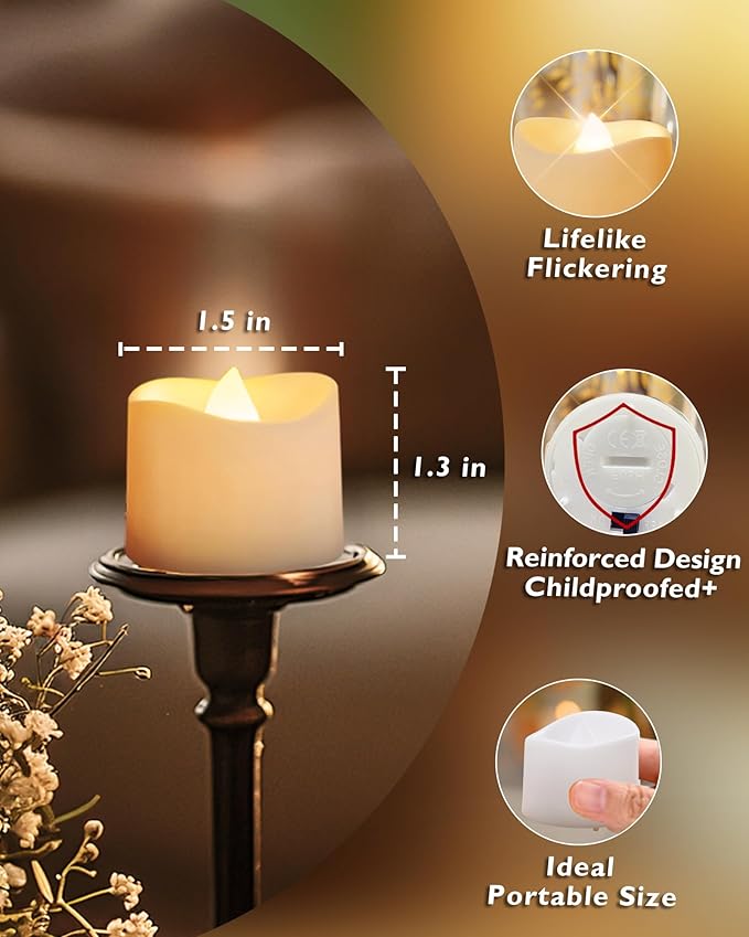 Homemory 48-Pack Novelty Flickering Flameless Tea Lights Candles, 200+Hours Battery-Operated LED Fake Candles for Wedding Table Centerpieces,Proposal,Anniversary, White Base, Ø1.5''xH1.3‘’