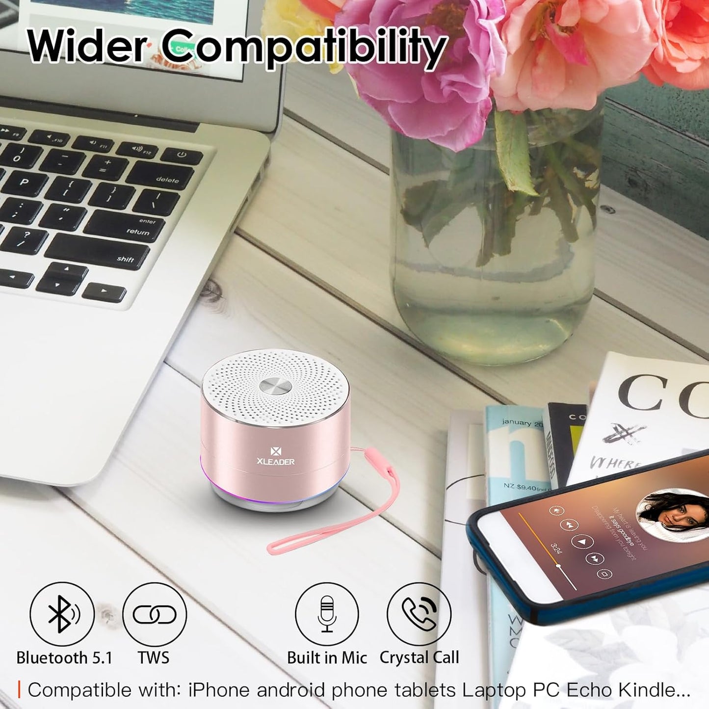 Mini Bluetooth Shower Speaker, IPX6 Waterproof Speaker, with RGB Lights, Mic, Portable Silicone Lanyard, Suction Cup, Clear Sound&Rich Bass, 12h Playtime, Small Pink Gifts for Girls Women