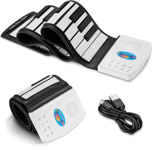 49 Key Roll Up Keyboard Piano, Portable Digital Electric Foldable Piano Keyboard, Rechargeable, 47 Tones, 14 Educational Demo Songs, for Beginners Gift (Black & White Key)