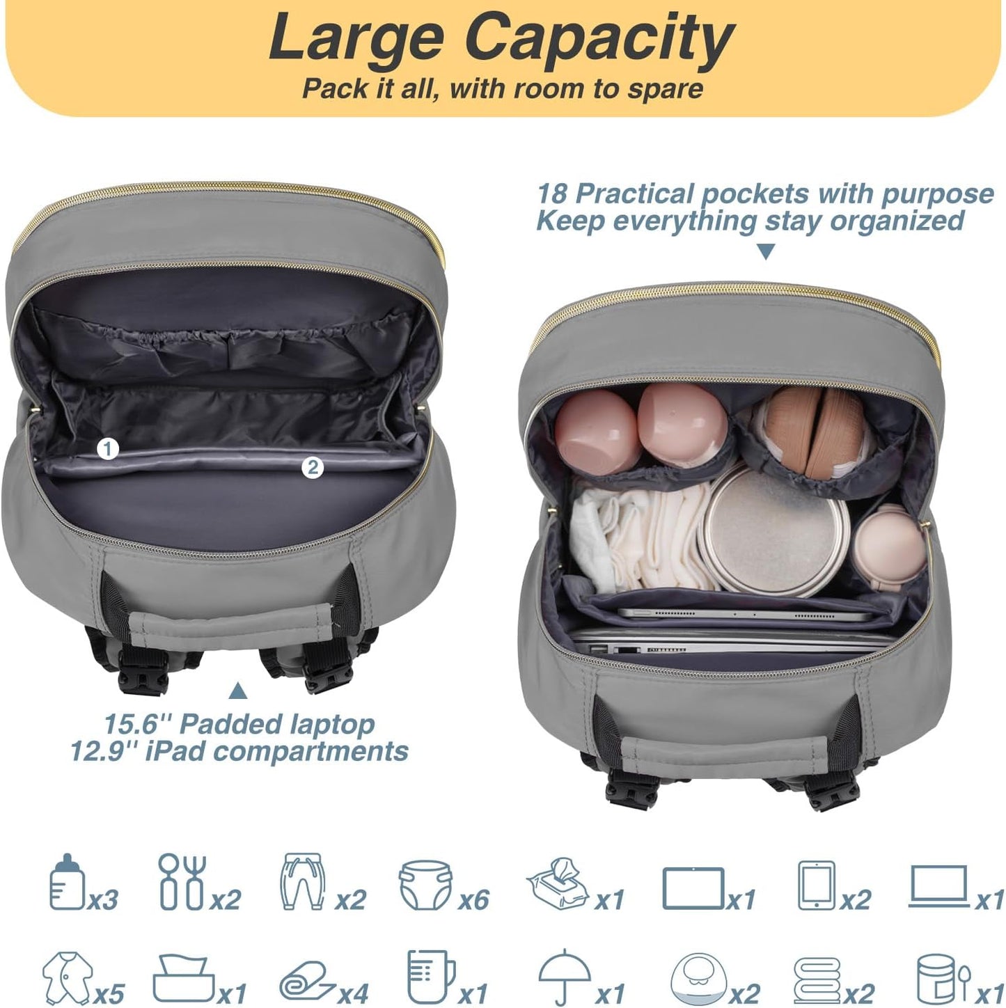 MOMUVO Diaper Bag Backpack, Quilted Baby Bag with Changing Pad and Stroller Straps and Pacifier Case, Large Travel Diaper Bags for Mom Dad, Grey