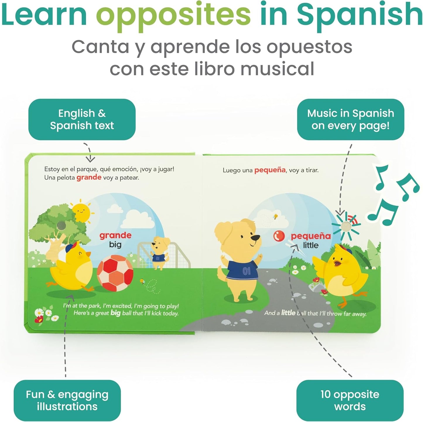Binibi Spanish Musical Book for Babies & Toddlers 1-3 | Opuestos en el Parque | Bilingual Sound Book