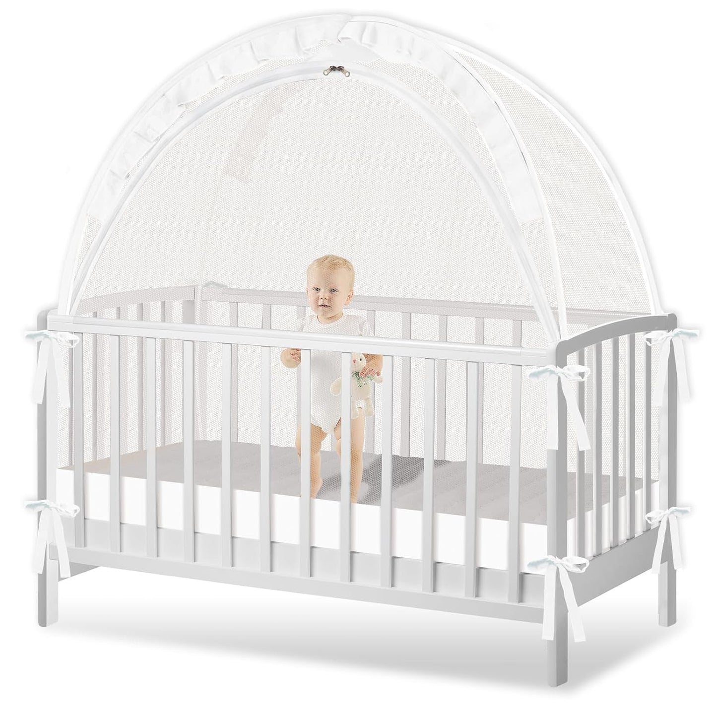 Crib Tent to Keep Baby from Climbing Out - Crib Net to Keep Baby in - Pop Up Breathable Cribs Cover - Canopy with Upgrade Strong Mesh and Durable Zipper (White, Lager)