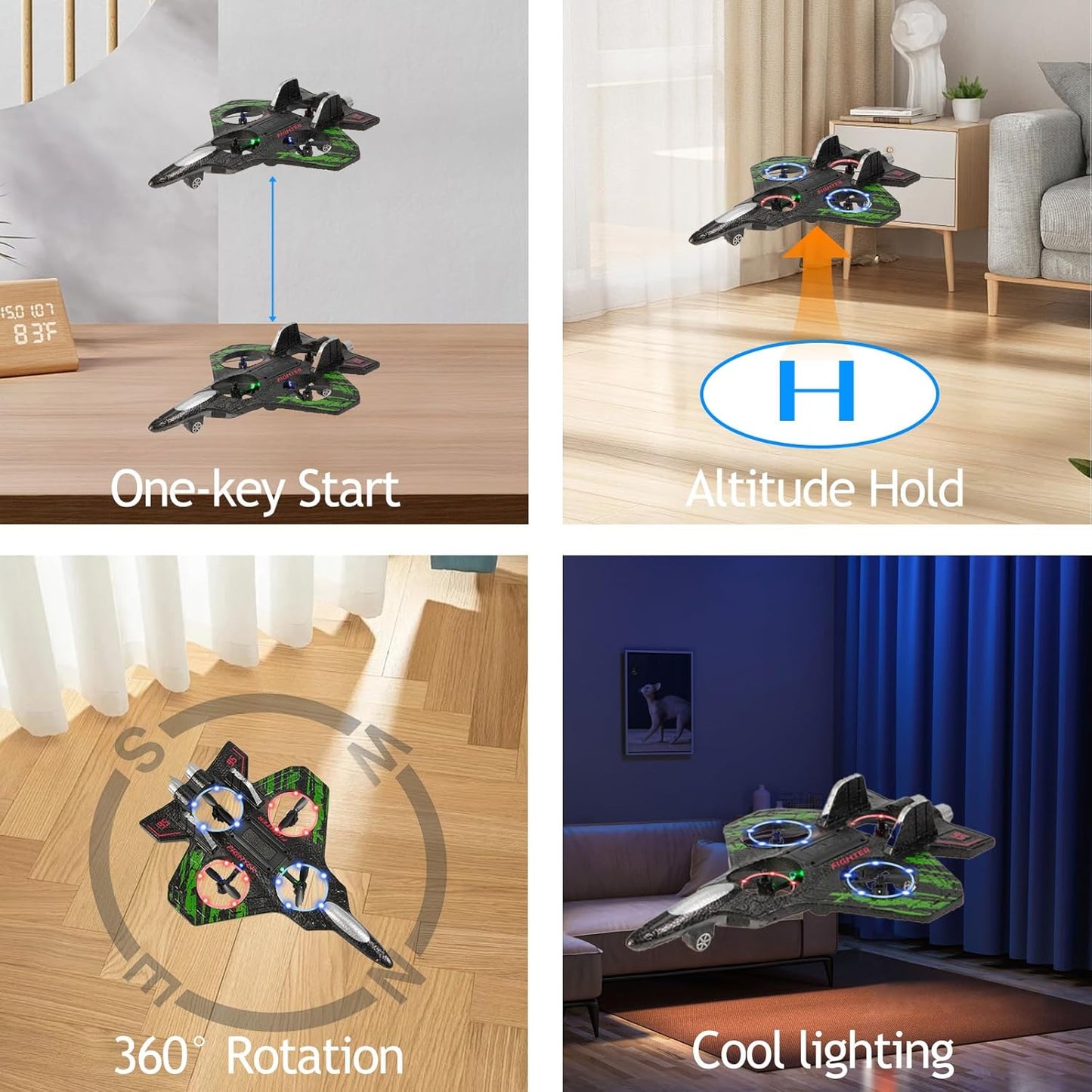 Remote Control Drone for Kids,2.4Ghz Foam RC Airplanes Helicopter Quadcopter with Auto Hovering,360° Flip,Gravity Sensing,Stunt Roll,Cool Light,2 Battery,Gifts for 6-12 Kids Boys (Green)