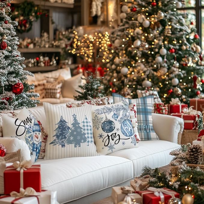 GEEORY Winter Christmas Throw Pillow Covers 18 x 18 Inch Set of 4, Xmas Trees Snowflake Snowman Joy Plaid Holiday Farmhouse Decorative Cushion Cases for Home Decoration G582-18