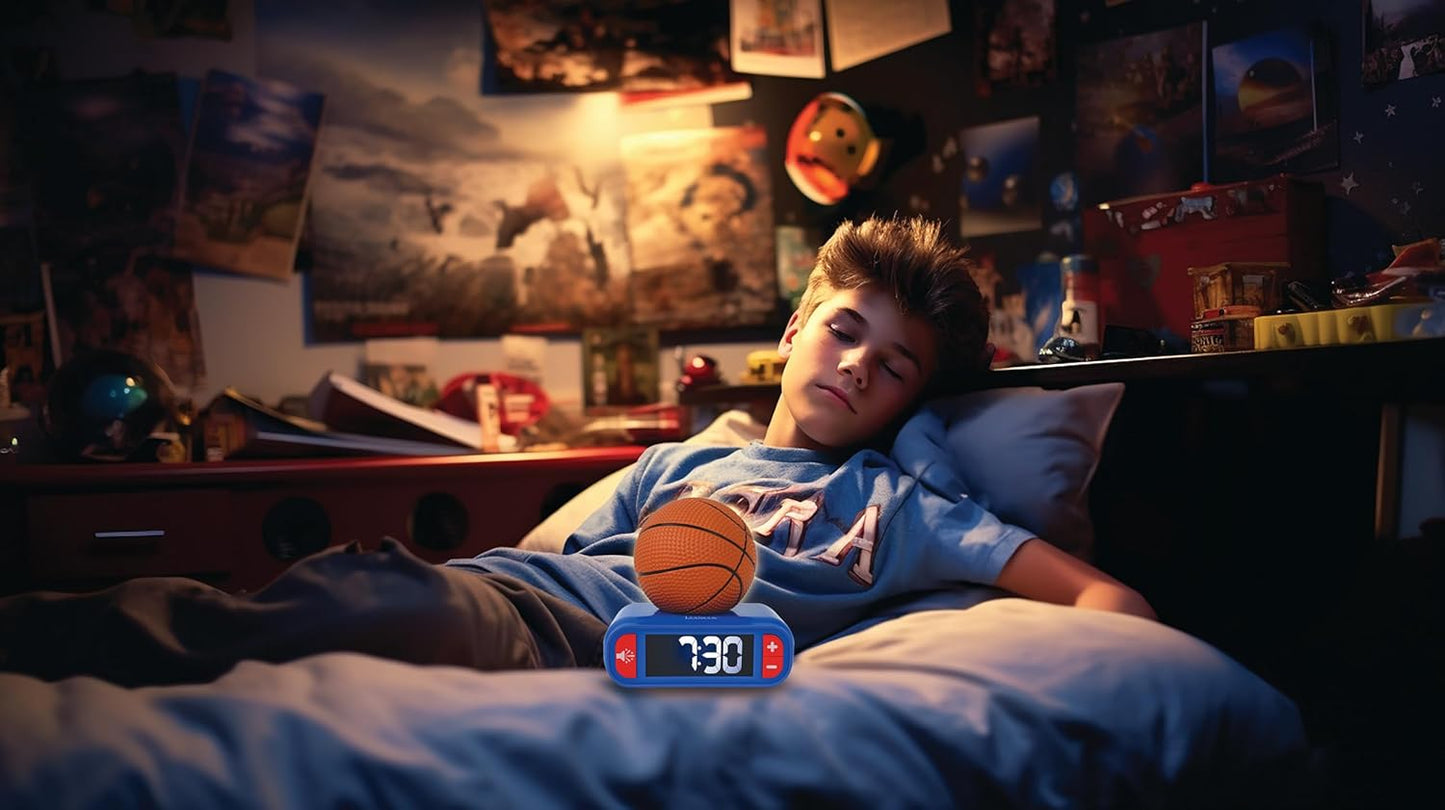 LEXiBOOK - Basketball - Basketball Nightlight Alarm Clock, Sounds and Melodies, LCD Backlit Screen, Luminous, Snooze, Blue/Orange, RL800BA