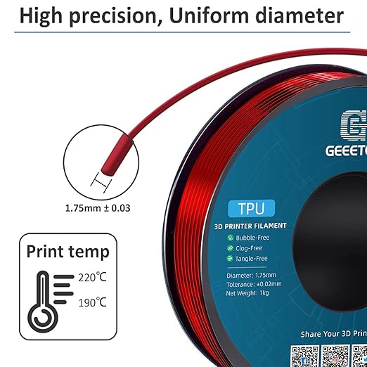 Geeetech TPU Filament 1.75mm, 1KG (2.2lbs) Spool – 95A Flexible 3D Printer Filament with High Elasticity, Dimensional Accuracy ±0.03mm, Fits Most FDM Printers, Clear Red