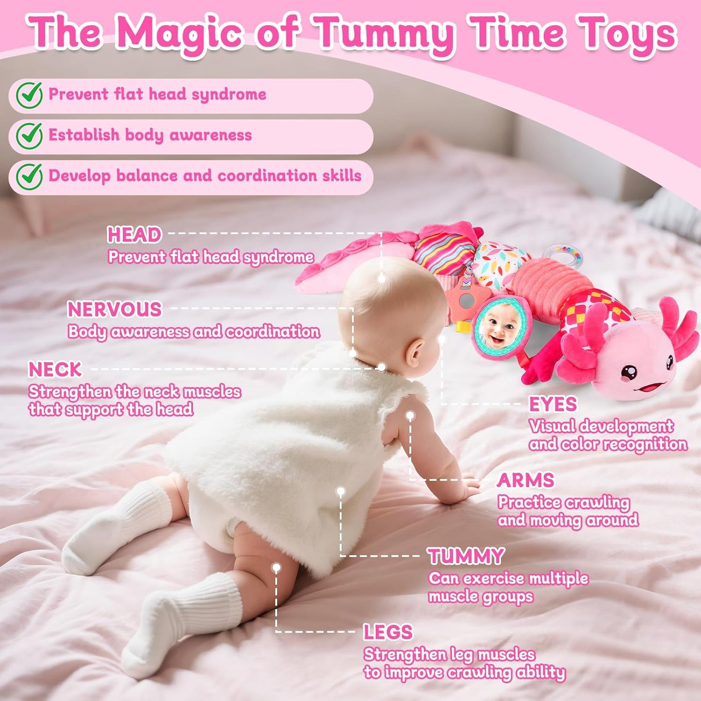 Baby Girls Toys 0-6 6-12 Months,Sensory Axolotl Caterpillar Toys Baby Rattles Musical Tummy Time Toys for 0 3 6 9 12 Months Stuffed Plush with Crinkle, Mirror,Teether for Infant Newborn Shower Gifts