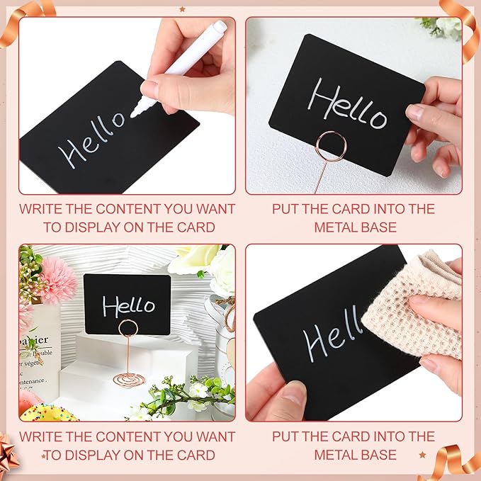 TecUnite 12 Pcs Mini Chalkboard Signs, 4"x3" Small Chalkboard Label with Metal Stand 2 Water Based Chalk for Food Buffet Tabletop Blackboard Sign for Party Bakery(Rose Gold,8.7 x 2.8 in)