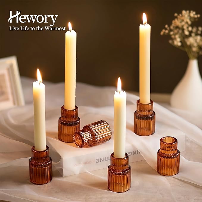 Hewory Glass Taper Candle Holders: 2PCS Amber Elegant Candle Holder Candlestick Holders Bulk, Ribbed Glass Candle Holder Candle Sticks Holder Decor for Table Centerpiece Fall Thanksgiving Home Decor