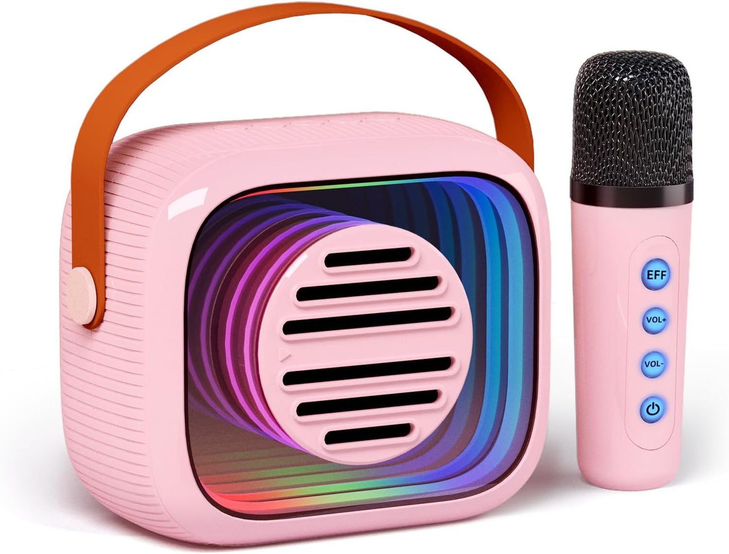 YF93 Kids Karaoke Machine with 7 Voice Effects, Bluetooth & Colorful LED Lights – Portable Singing Toy with Pro, Monster, KTV Modes for Home Parties（Pink）