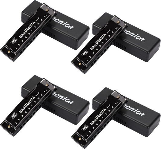 UPINS Harmonica, 4PCS Key of C 10 Hole 10 Tones Titanium Color Harmonica with Case for Beginner(Black)