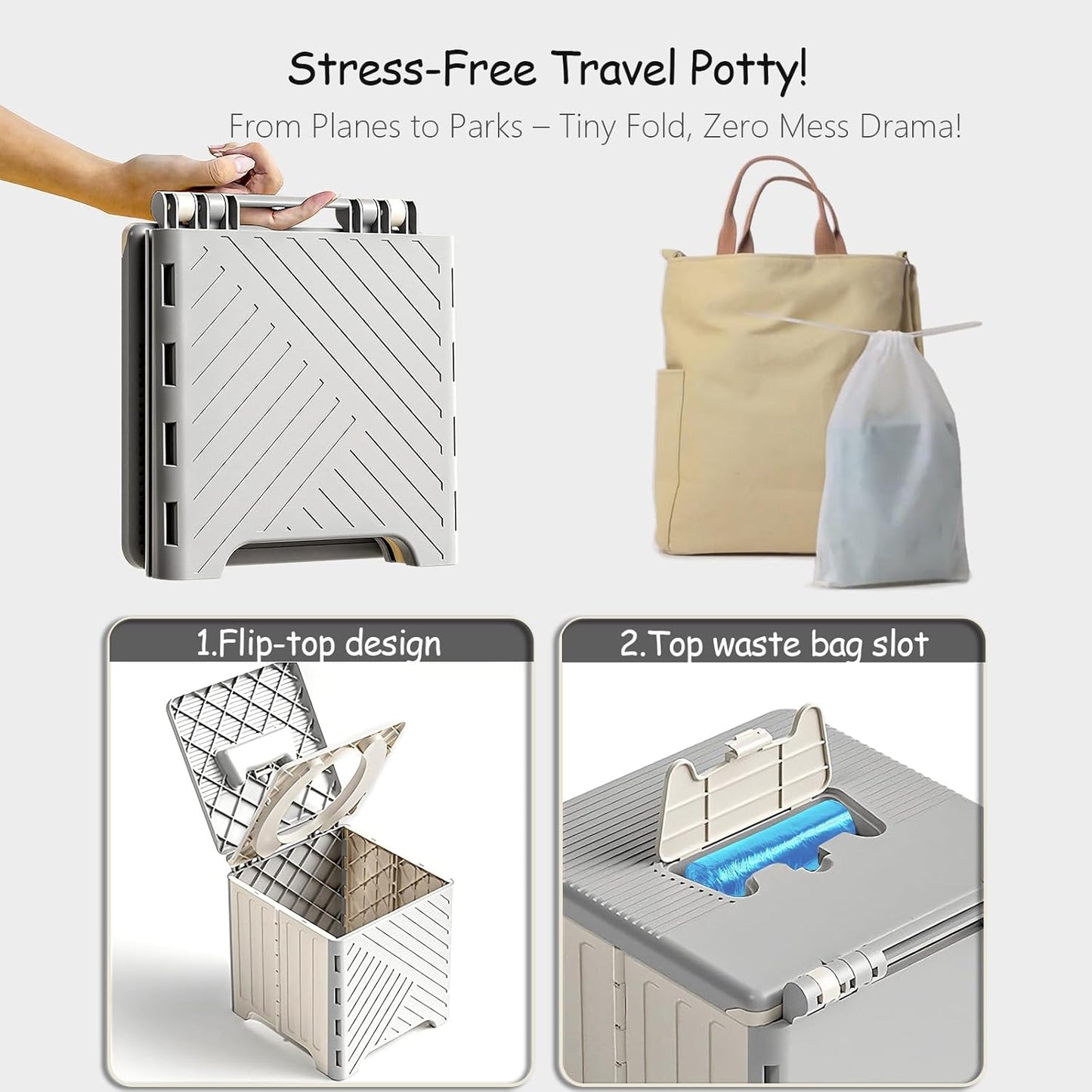 Portable Potty Seat for Toddler, Kids Travel Potty Foldable Compact Potty Training Toilet Seat with Cleaning Bags for Car, Camping, Travel, Outdoors (Grey)