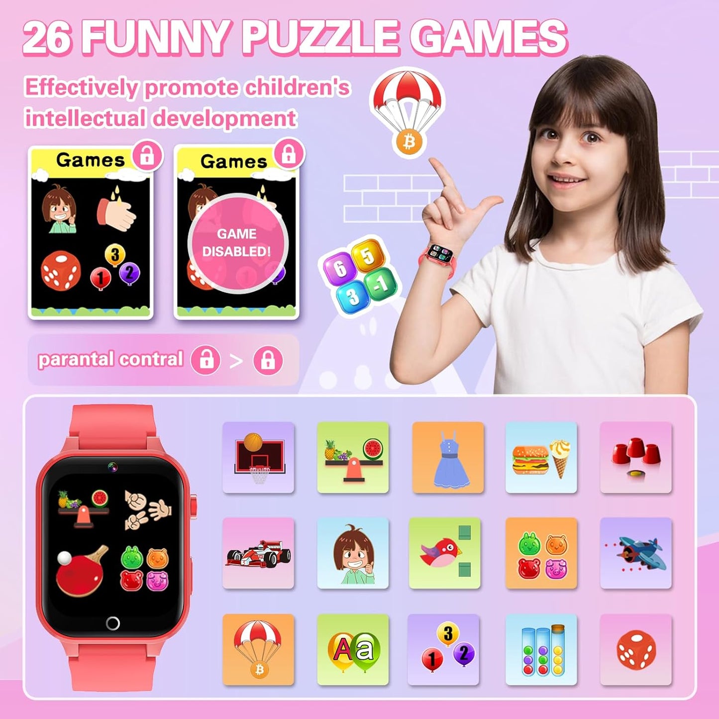 Vakzovy Kids Smart Watch Christmas Birthday Gifts for Girls Boys Age 6-12 with 26 Games Video Camera Music Pedomete Educational Toys Birthday Gifts for Girls Ages 5 6 7 8 9