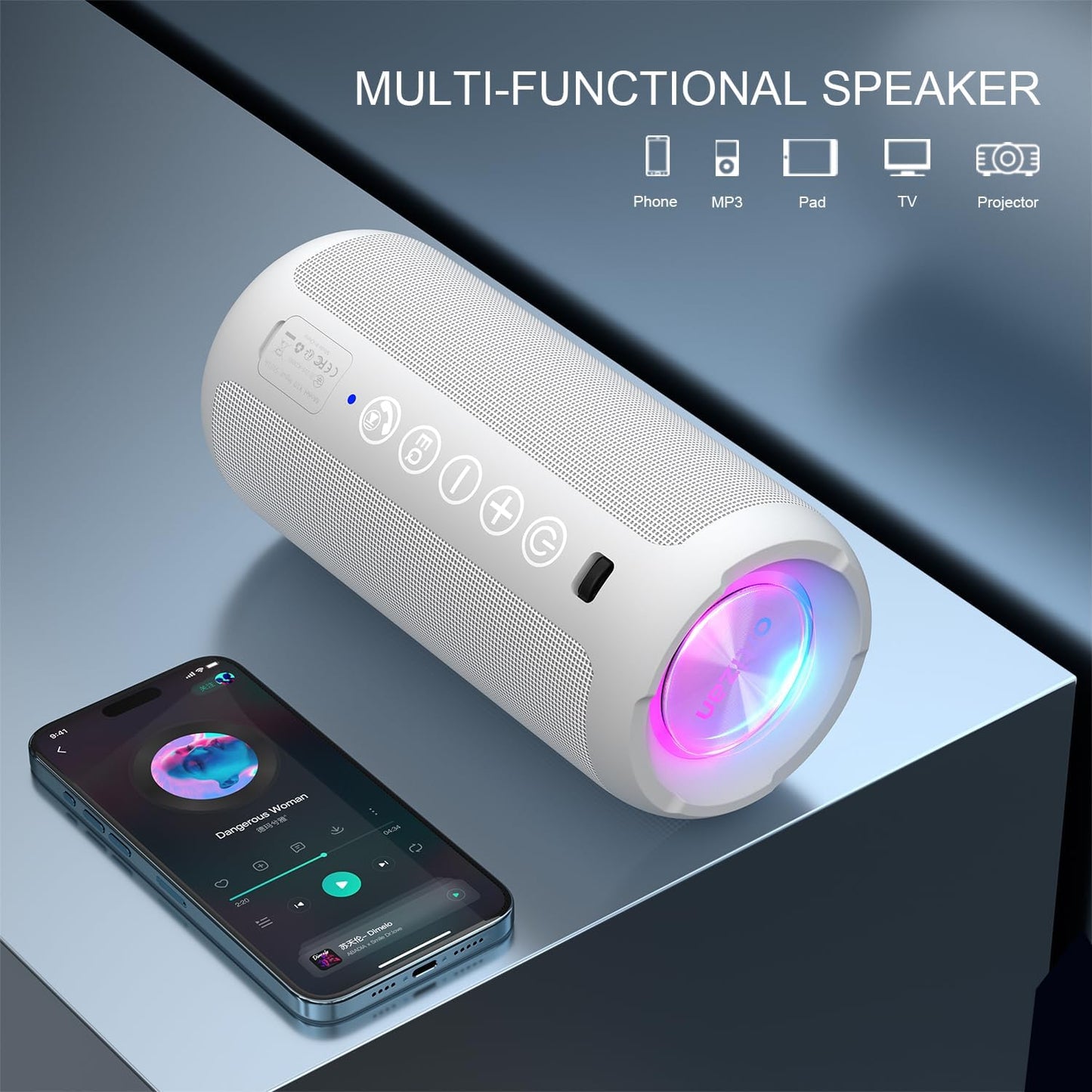 Ortizan Portable Bluetooth Speaker: IPX7 Waterproof, 24W Loud Sound, Deep Bass, Bluetooth 5.3, LED Lights, Wireless Stereo Pairing, 30H Playtime, for Home/Outdoor/Party/Beach, Birthday Gift (White)