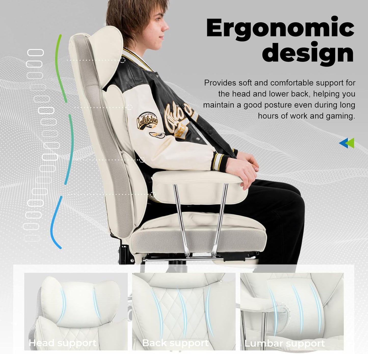 COMHOMA Big and Tall Office Chair, High Back Leather Gaming Chair with Footrest, Executive Ergonomic Office Chairs with Pocket Spring Lumbar Support and with Outward Fixed Soft Armrests