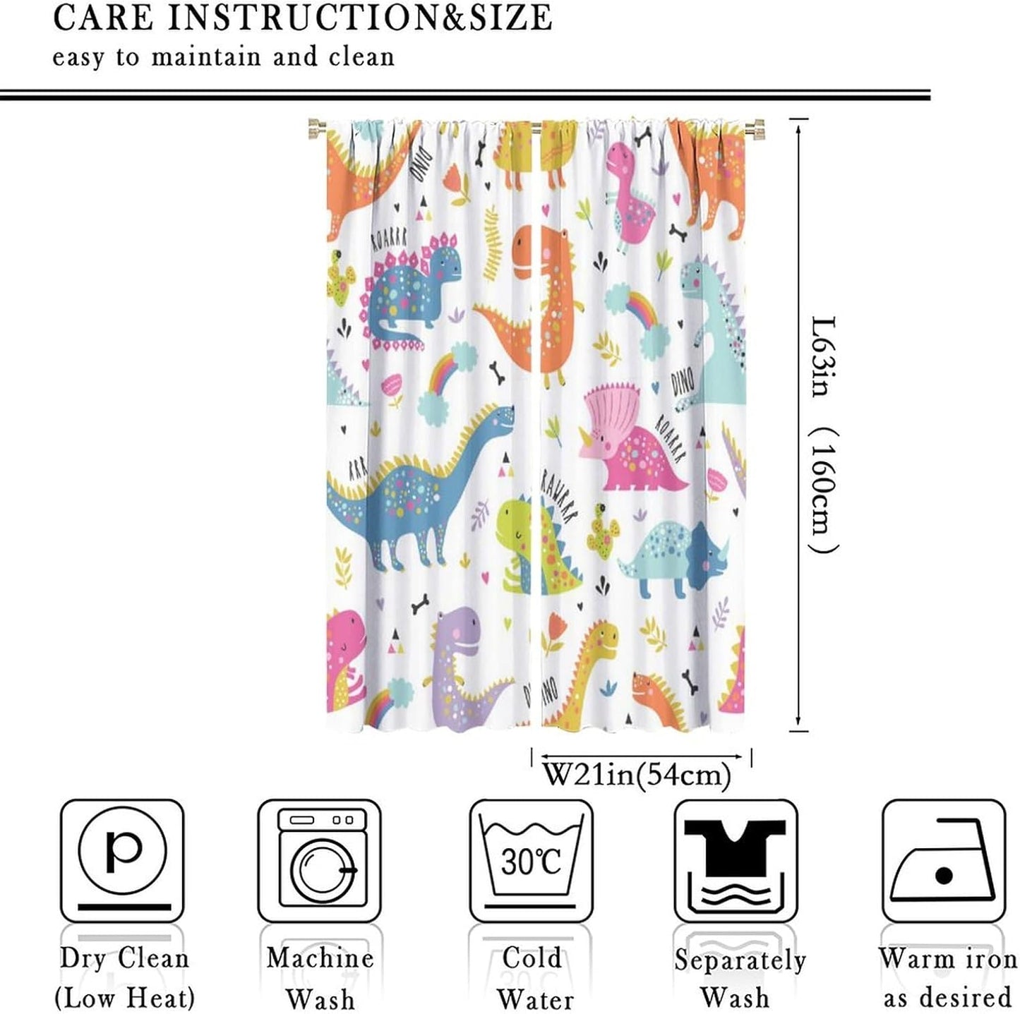 Cartoon Dinosaur Curtains for Kids Boys Girls Home Decor Childish Cute Dino Animals Print Pattern Rod Pocket Blackout Window Drapes for Nursery Baby Bedroom Playroom W21xL63in 2 Panels