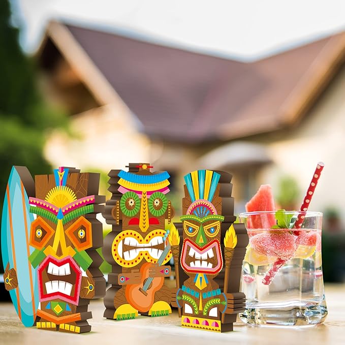 Blulu 3 Pcs Tiki Party Decor Hawaiian Luau Party Decorations Tropical Aloha Wooden Bar Table Sign Colorful Farmhouse Tiki Centerpieces for Table Summer Welcome Housewarming(Classic,7.87 Inch)