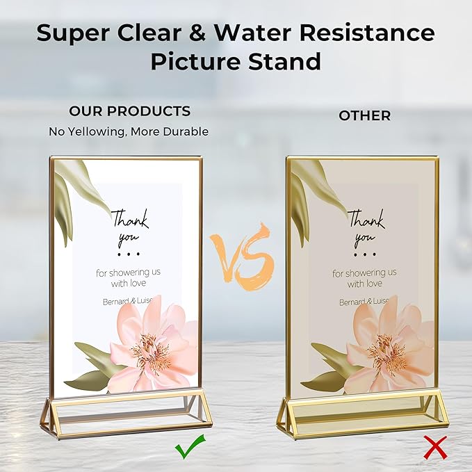 12 Pack Acrylic Sign Holder 4x6 Gold Frames, Wedding Table Number Holders Double Sided Vertical Clear Display Stand, Picture Holders for Tables, Menus, Flyers, Party and Office Decor