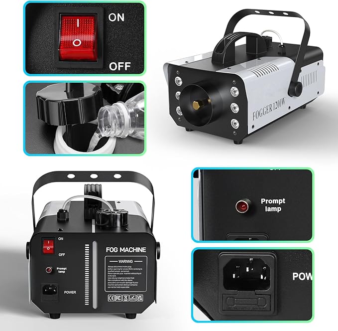 1200W RGB Fog Machine, 6 Colorful LED Lights for Smoke Machine Indoor/Outdoor Use, Perfect for Halloween Parties, Weddings, and Stage Effects 4PC