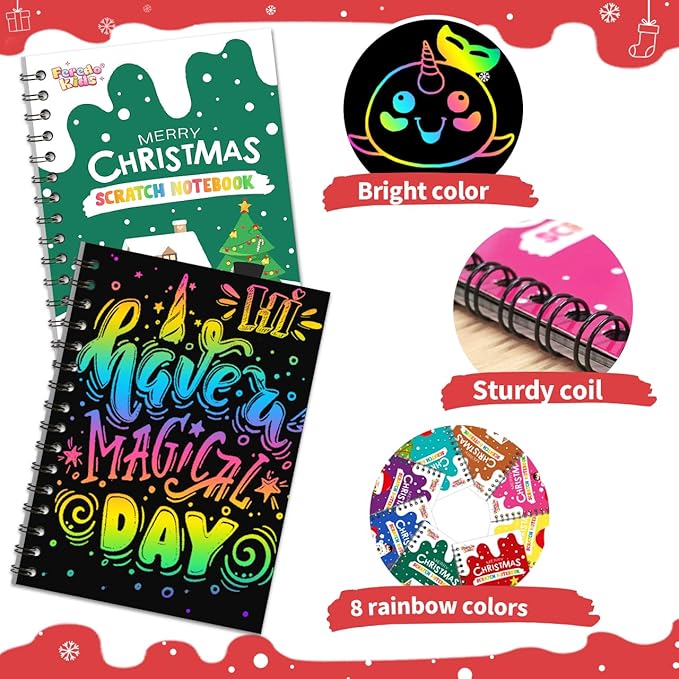 Party Favors for Kids: 24 Pack Christmas Rainbow Scratch Art Notebook Classroom School Supplies Bulk for Girls Boys Goodie Bags Stuffers, Return Gifts for Birthday Party Gift Kid Crafts