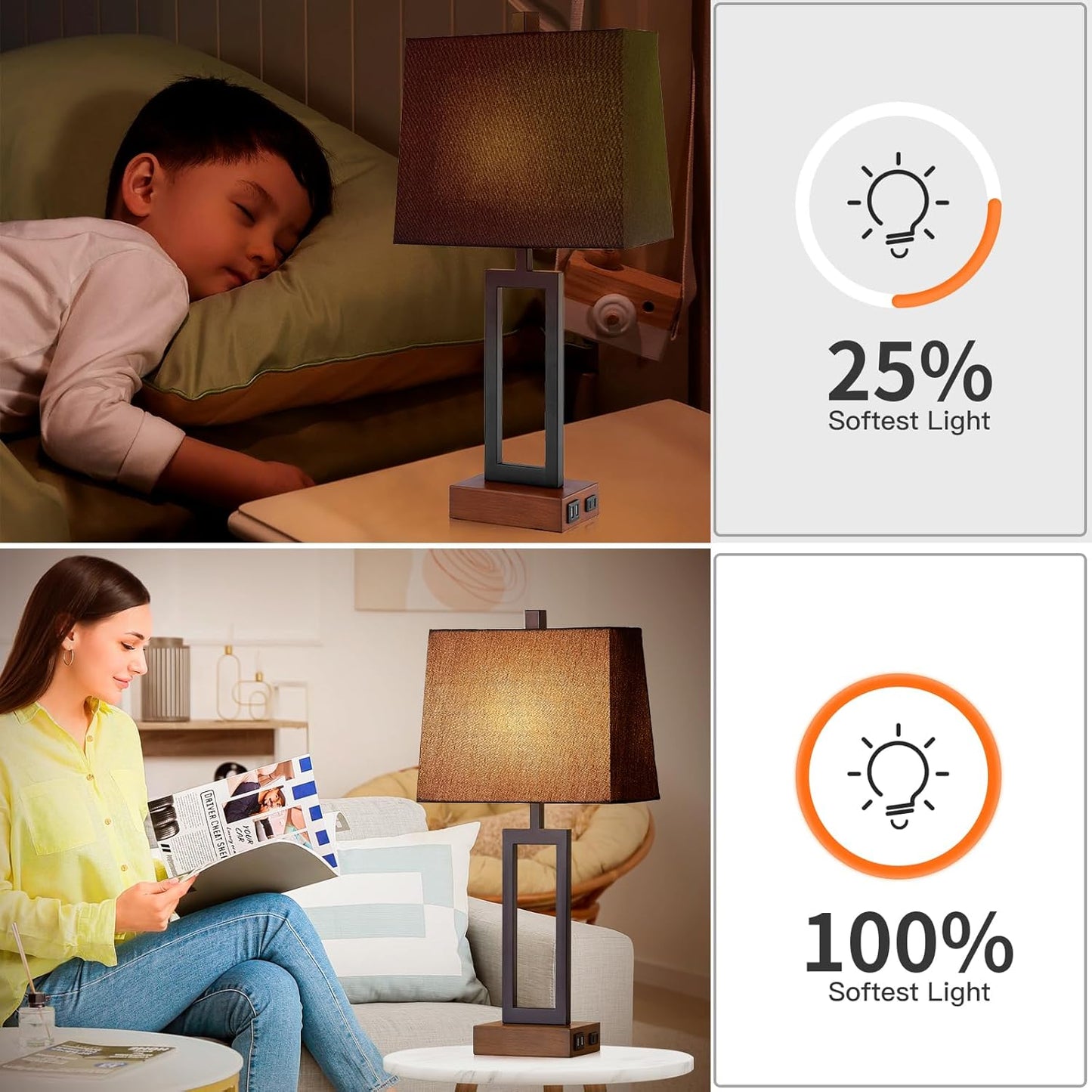 Touch Control Table Lamps Set of 2, Modern Bedside Lamps with 2 USB Charging Ports & AC Outlet, 3-Way Dimmable Wood Nightstand Lamp for Living Room Bedroom End Table Office Black(2 LED Bulbs Included)