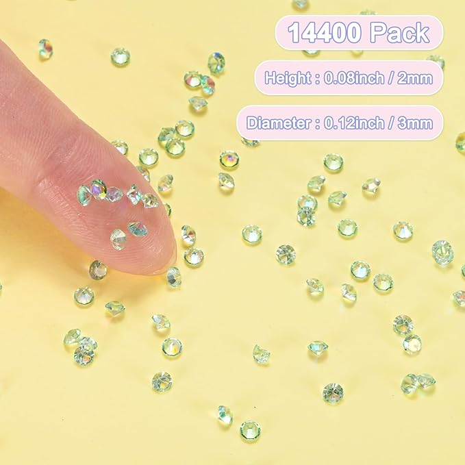 14400-Pack Acrylic Diamonds, 0.12 Inch/3mm Wedding Table Scatter Confetti Crystals for Vase Fillers/Art Craft, Acrylic Diamonds Gems [Green AB]