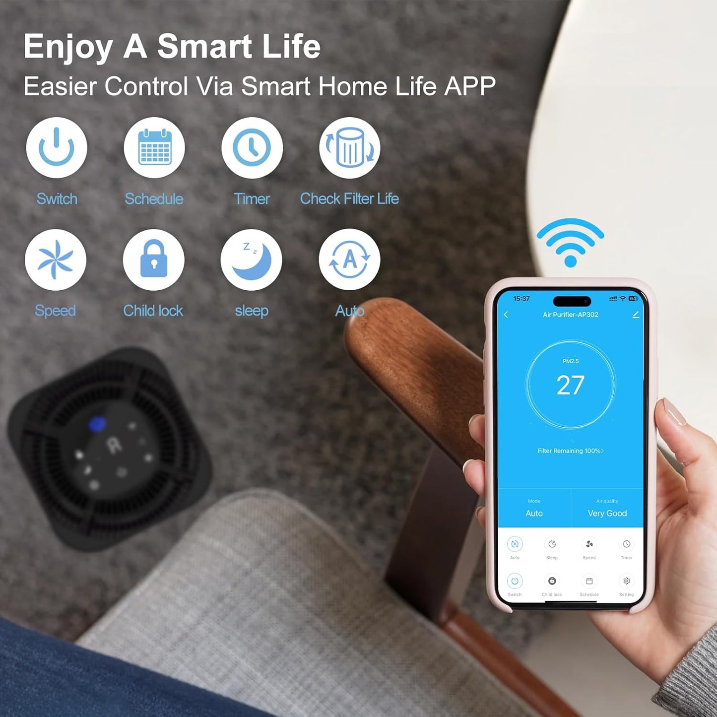 Air Purifiers for Home Bedroom Up to 2200 Sq Ft，H14 True HEPA Filter Smart WIFI Air Purifiers for Large Room,APP & Alexa Control Air Cleaner with for Allergies Pet Dander Smoke Dust